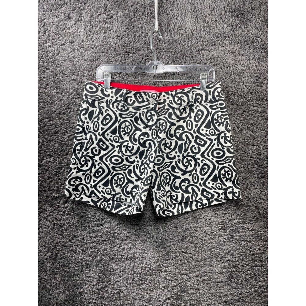Isaac Mizrahi Tailored Shorts Women's 6 Black White Native Print Cotton Stretch